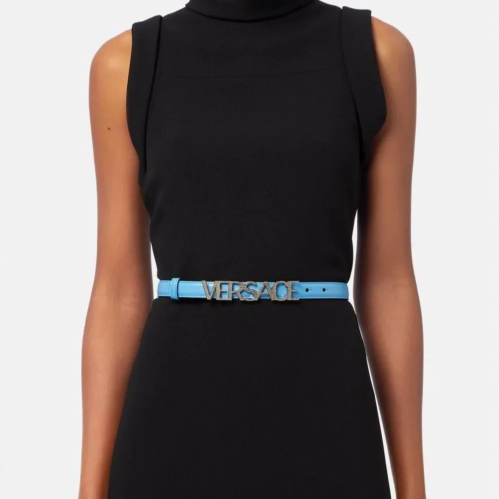 Versace Logo Plaque Crystal Belt Blue Size 90 NWT